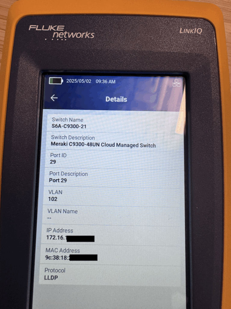Picture of a Fluke Networks LinkIQ screen showing LLDP information.